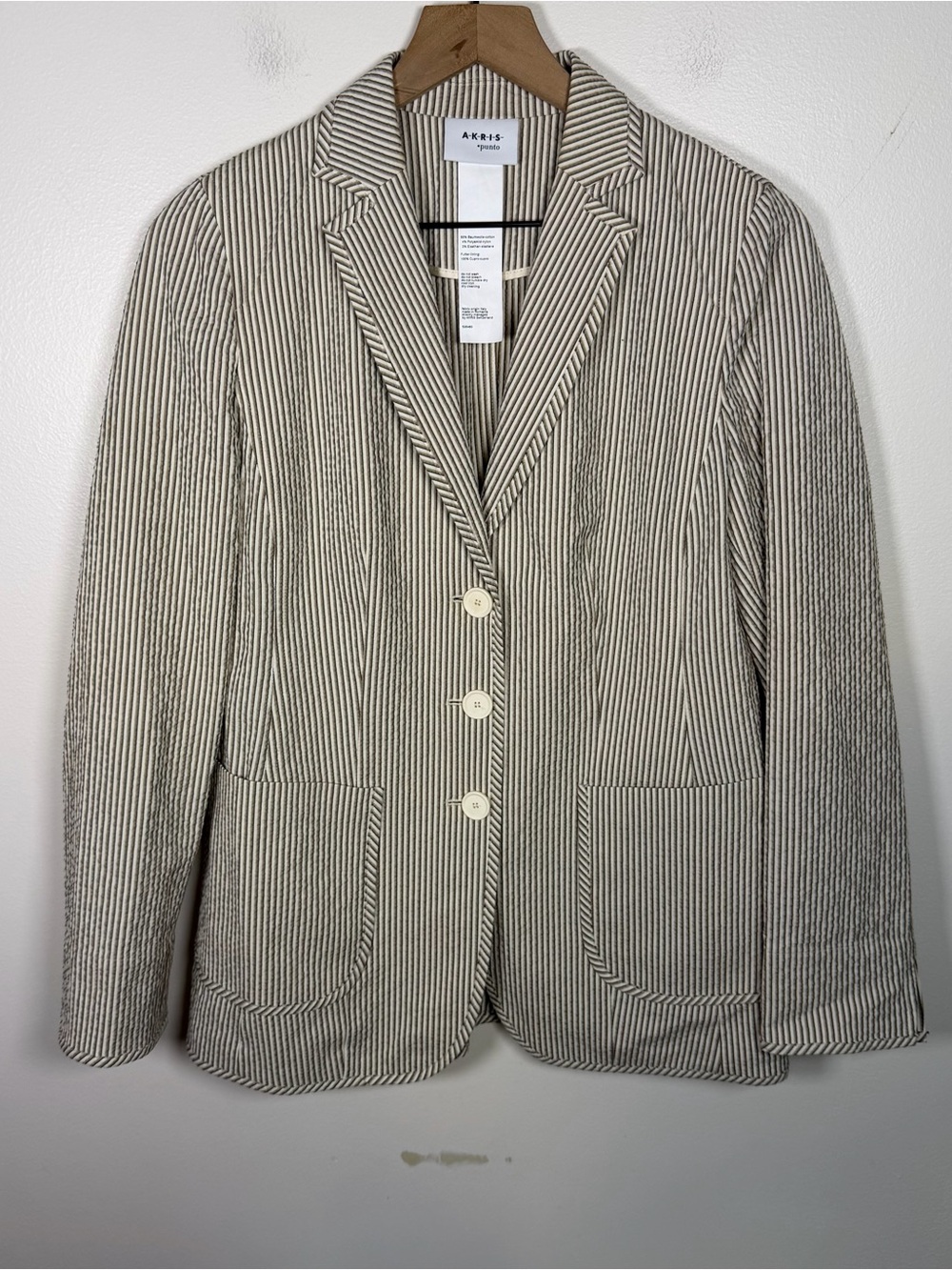 Akris Punto Seersucker Stripe Suit Set Blazer Pants Cotton Stretch US 6 Cream - Picture 2 of 12